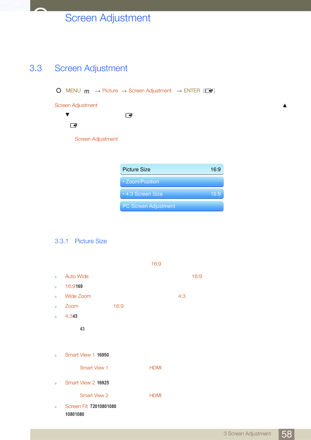 Samsung LH40HDBPLGD/EN, LH32HDBPLGD/EN manual Picture Size, Menu m Picture Screen Adjustment Enter 