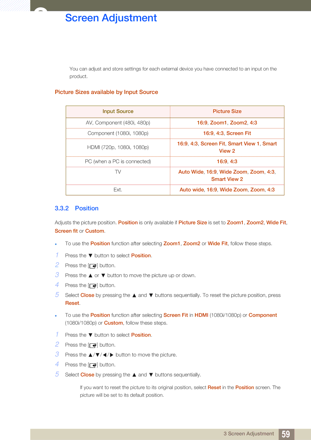 Samsung LH32HDBPLGD/EN, LH40HDBPLGD/EN manual Position, Picture Sizes available by Input Source 