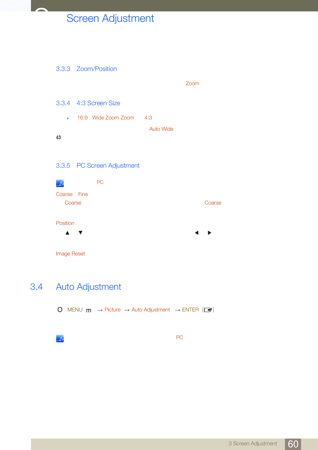 Samsung LH40HDBPLGD/EN, LH32HDBPLGD/EN manual Auto Adjustment, Zoom/Position, 4 43 Screen Size, PC Screen Adjustment 