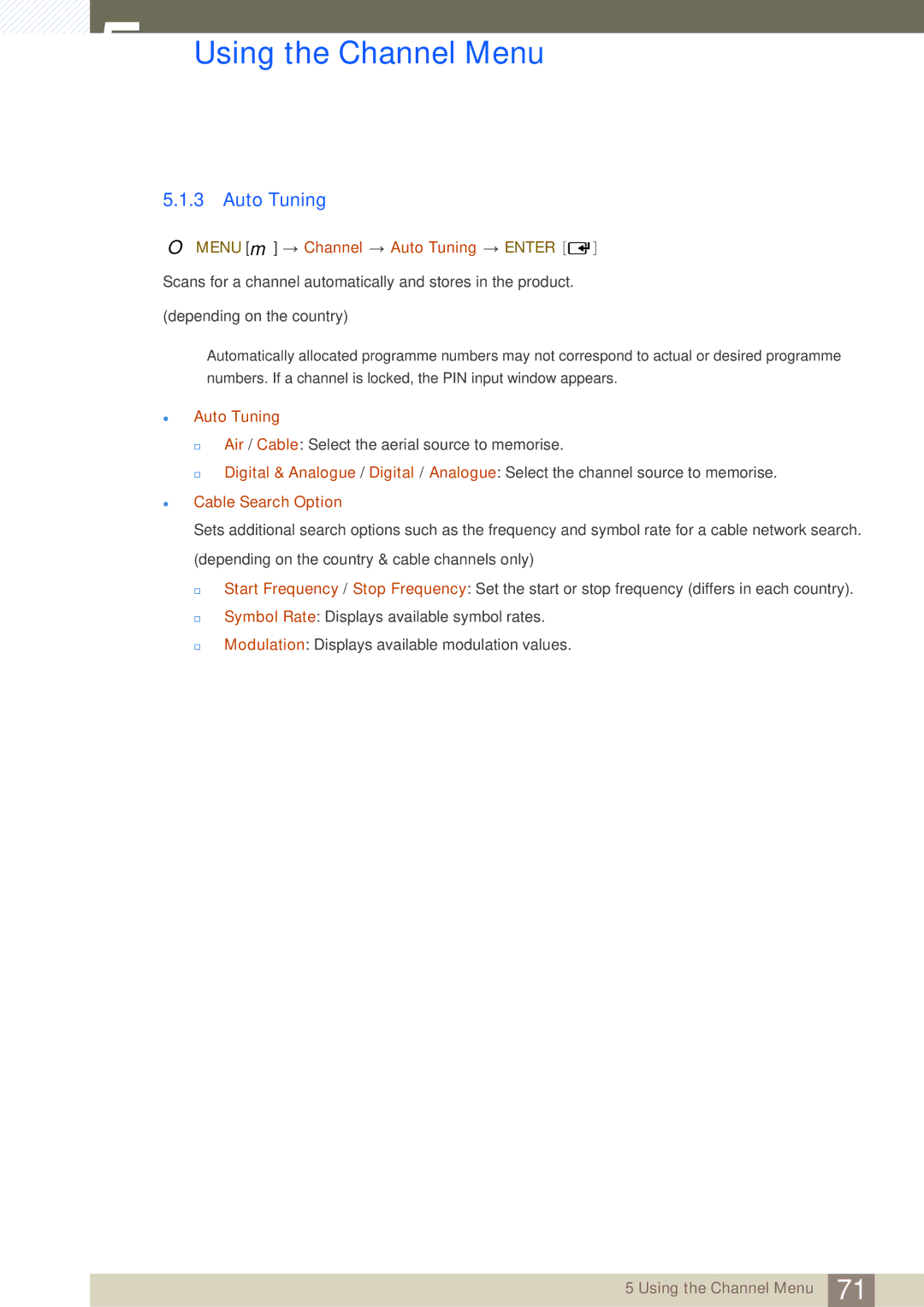 Samsung LH32HDBPLGD/EN, LH40HDBPLGD/EN manual Menu m Channel Auto Tuning Enter, Cable Search Option 