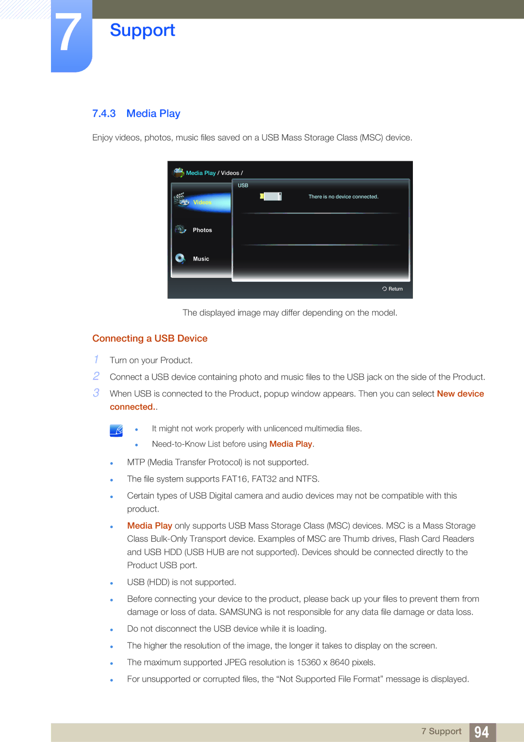 Samsung LH40HDBPLGD/EN, LH32HDBPLGD/EN manual Media Play, Connecting a USB Device 