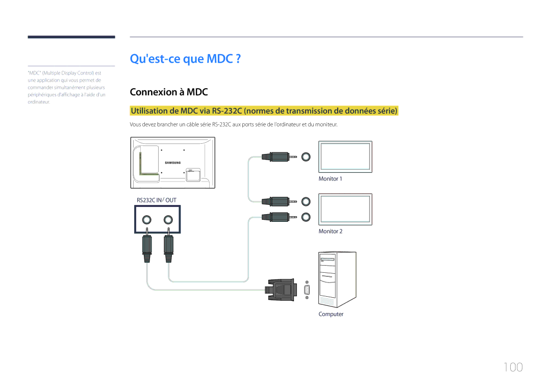 Samsung LH55LECPLBC/EN, LH32LECPLBC/EN, LH46LECPLBC/EN manual Quest-ce que MDC ?, 100, Connexion à MDC 