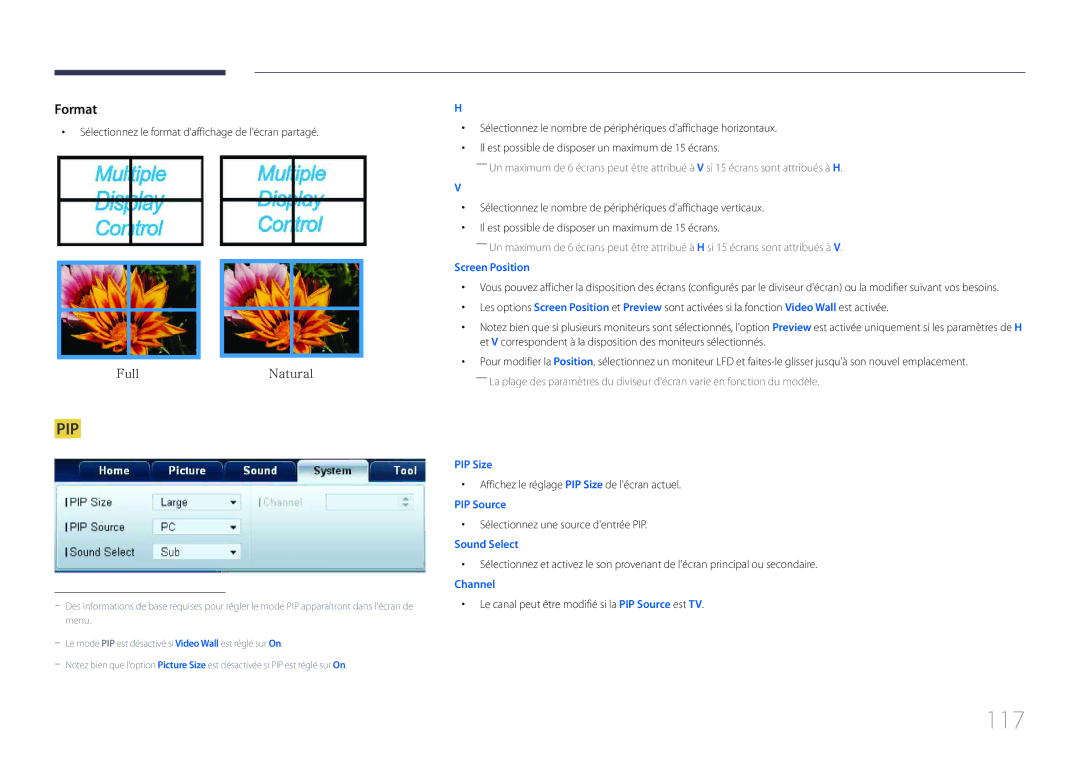 Samsung LH32LECPLBC/EN manual 117, Sélectionnez le format daffichage de lécran partagé, Sélectionnez une source dentrée PIP 