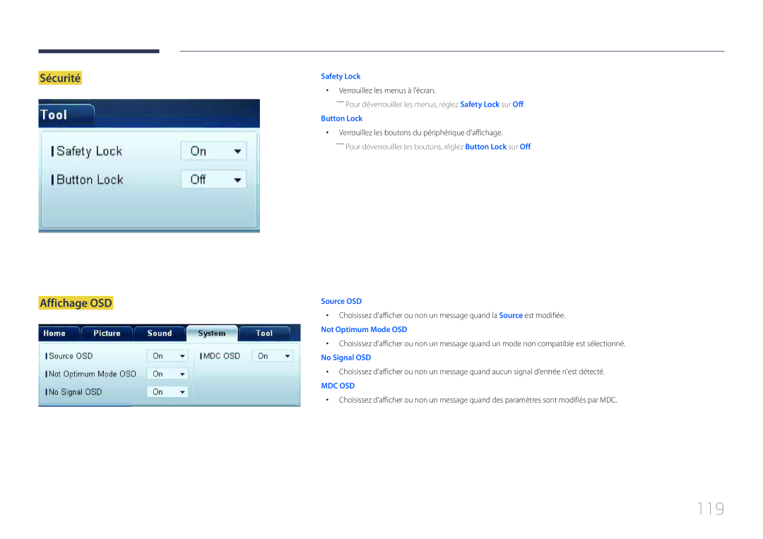 Samsung LH46LECPLBC/EN, LH32LECPLBC/EN, LH55LECPLBC/EN manual 119, Sécurité Affichage OSD, Verrouillez les menus à lécran 