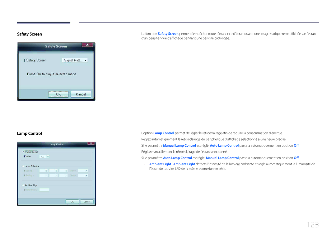 Samsung LH32LECPLBC/EN, LH55LECPLBC/EN, LH46LECPLBC/EN manual 123, Safety Screen Lamp Control 