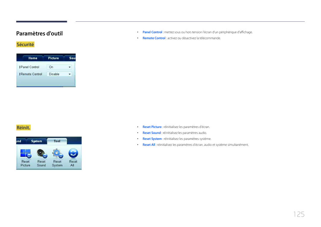 Samsung LH46LECPLBC/EN, LH32LECPLBC/EN, LH55LECPLBC/EN manual 125, Paramètres doutil, Sécurité Réinit 