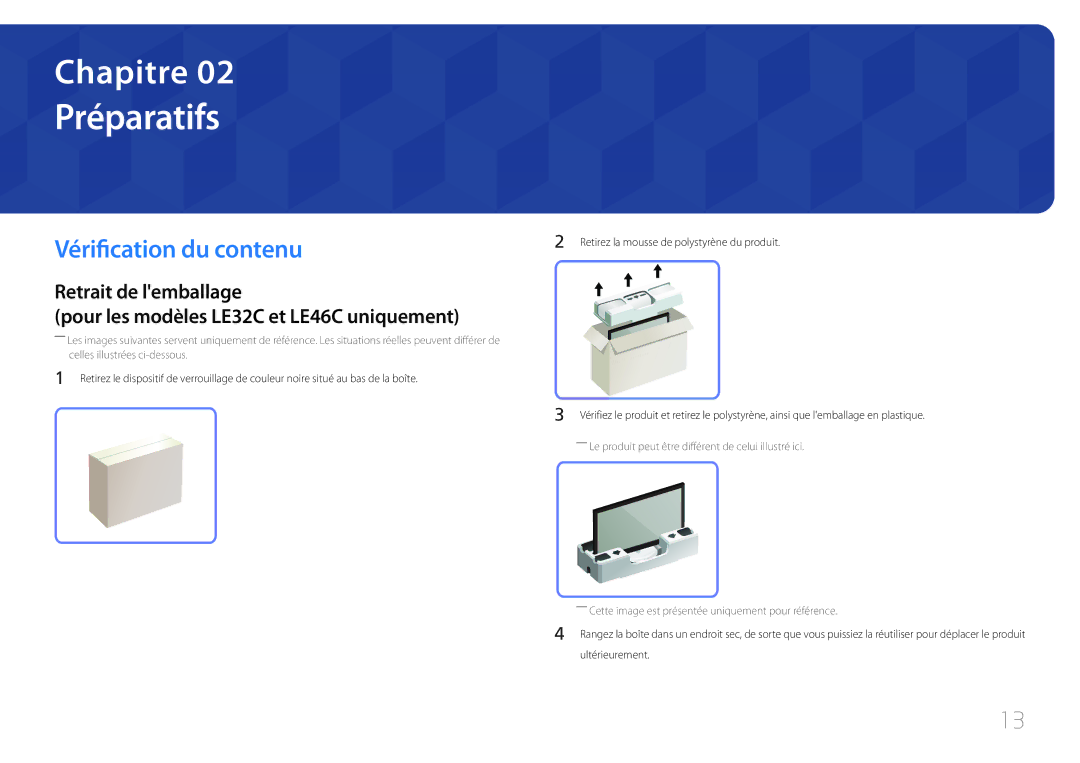 Samsung LH55LECPLBC/EN, LH32LECPLBC/EN, LH46LECPLBC/EN manual Préparatifs, Vérification du contenu 