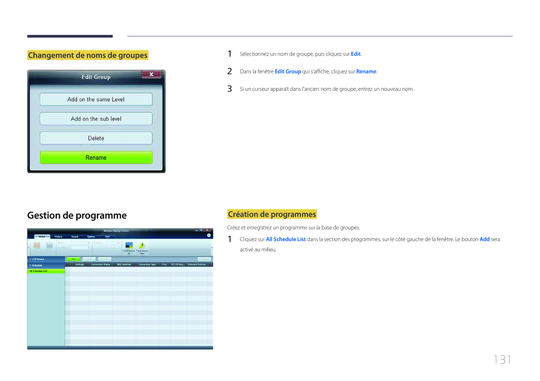 Samsung LH46LECPLBC/EN, LH32LECPLBC/EN 131, Gestion de programme, Changement de noms de groupes, Création de programmes 