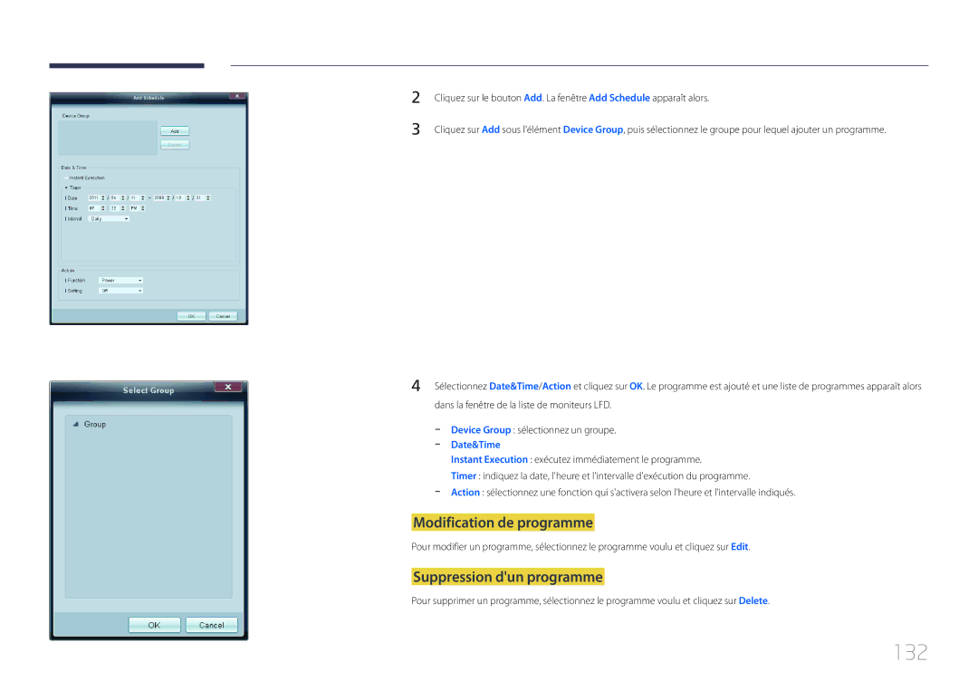 Samsung LH32LECPLBC/EN, LH55LECPLBC/EN, LH46LECPLBC/EN manual 132, Modification de programme, Suppression dun programme 