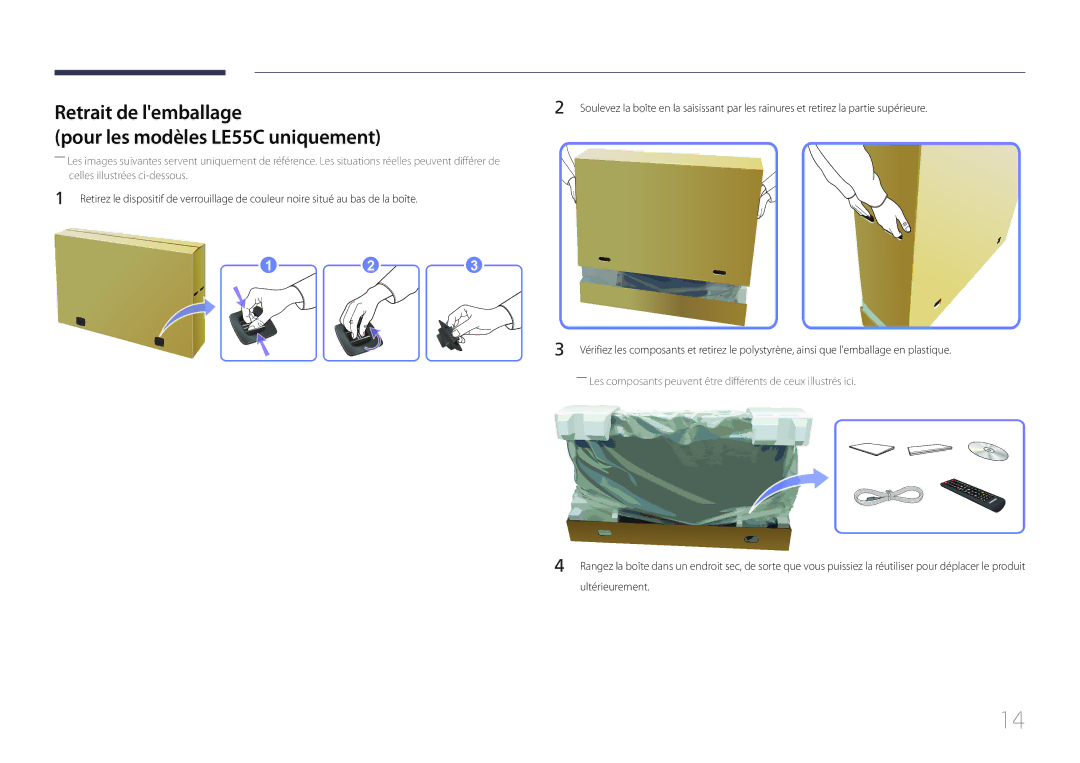 Samsung LH46LECPLBC/EN, LH32LECPLBC/EN, LH55LECPLBC/EN manual Retrait de lemballage Pour les modèles LE55C uniquement 