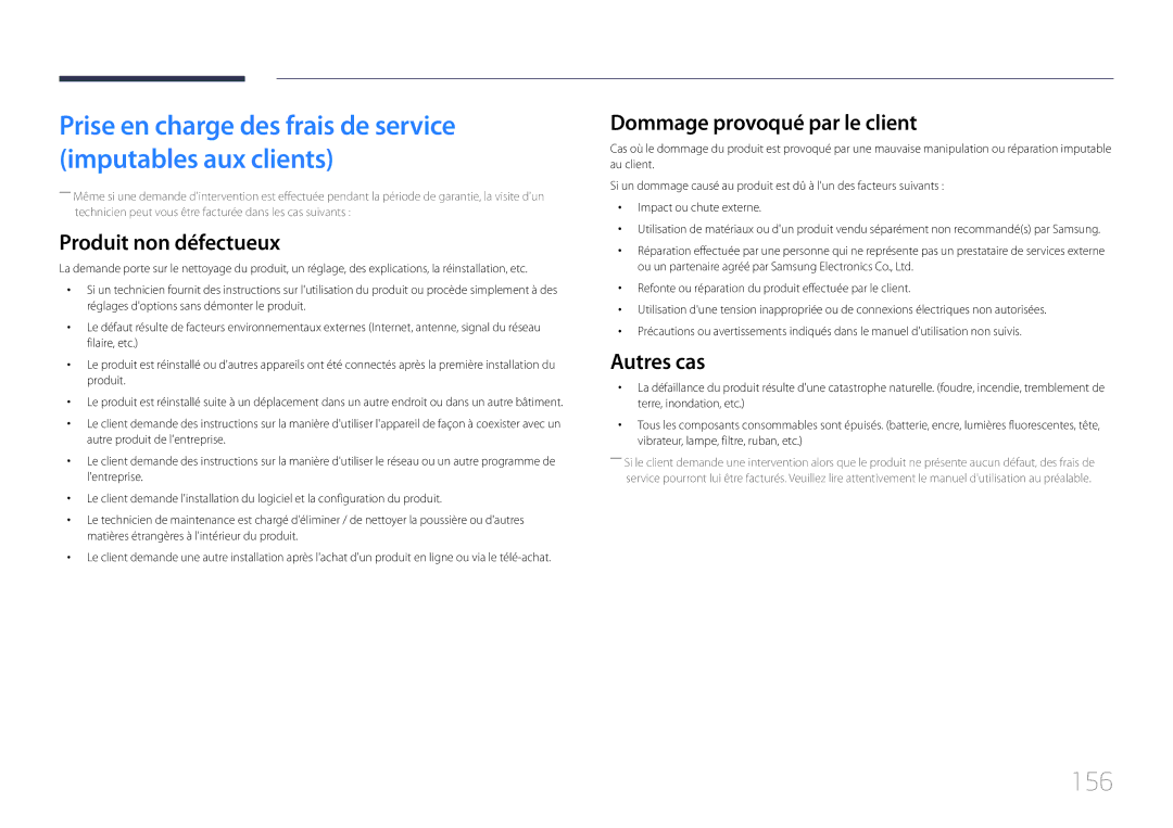 Samsung LH32LECPLBC/EN, LH55LECPLBC/EN manual 156, Produit non défectueux, Dommage provoqué par le client, Autres cas 