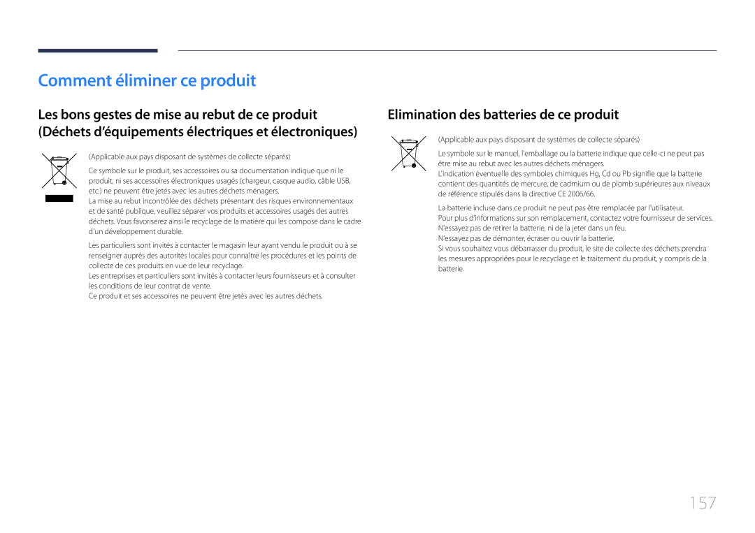 Samsung LH55LECPLBC/EN, LH32LECPLBC/EN manual Comment éliminer ce produit, 157, Elimination des batteries de ce produit 