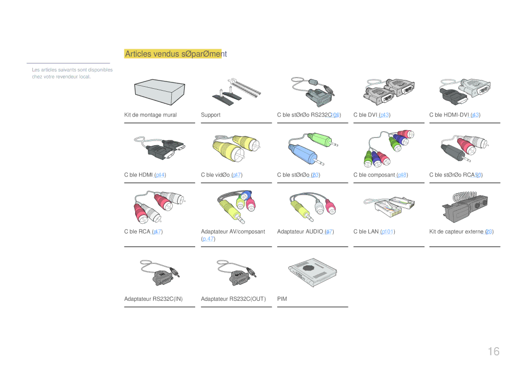 Samsung LH55LECPLBC/EN Articles vendus séparément, Kit de montage mural Support, Adaptateur RS232CIN Adaptateur RS232COUT 