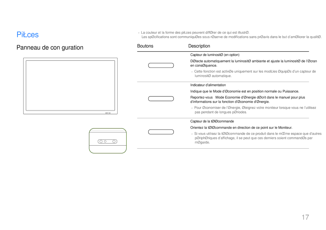 Samsung LH46LECPLBC/EN, LH32LECPLBC/EN, LH55LECPLBC/EN manual Pièces, Panneau de configuration, BoutonsDescription 