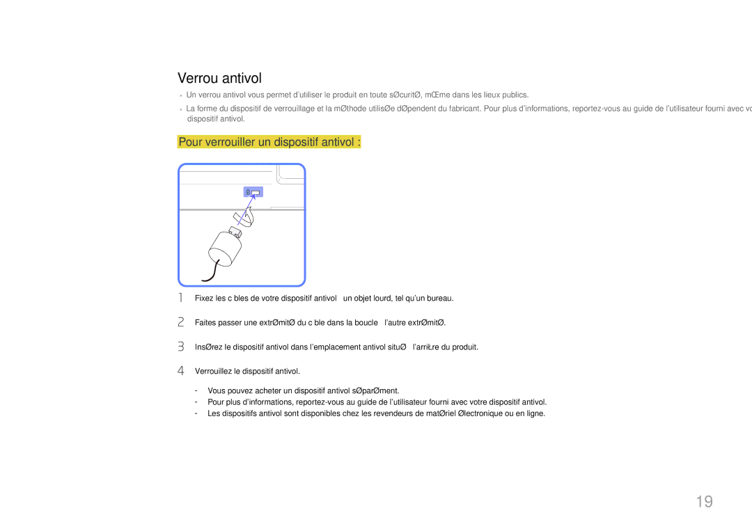 Samsung LH55LECPLBC/EN, LH32LECPLBC/EN, LH46LECPLBC/EN manual Verrou antivol, Pour verrouiller un dispositif antivol 