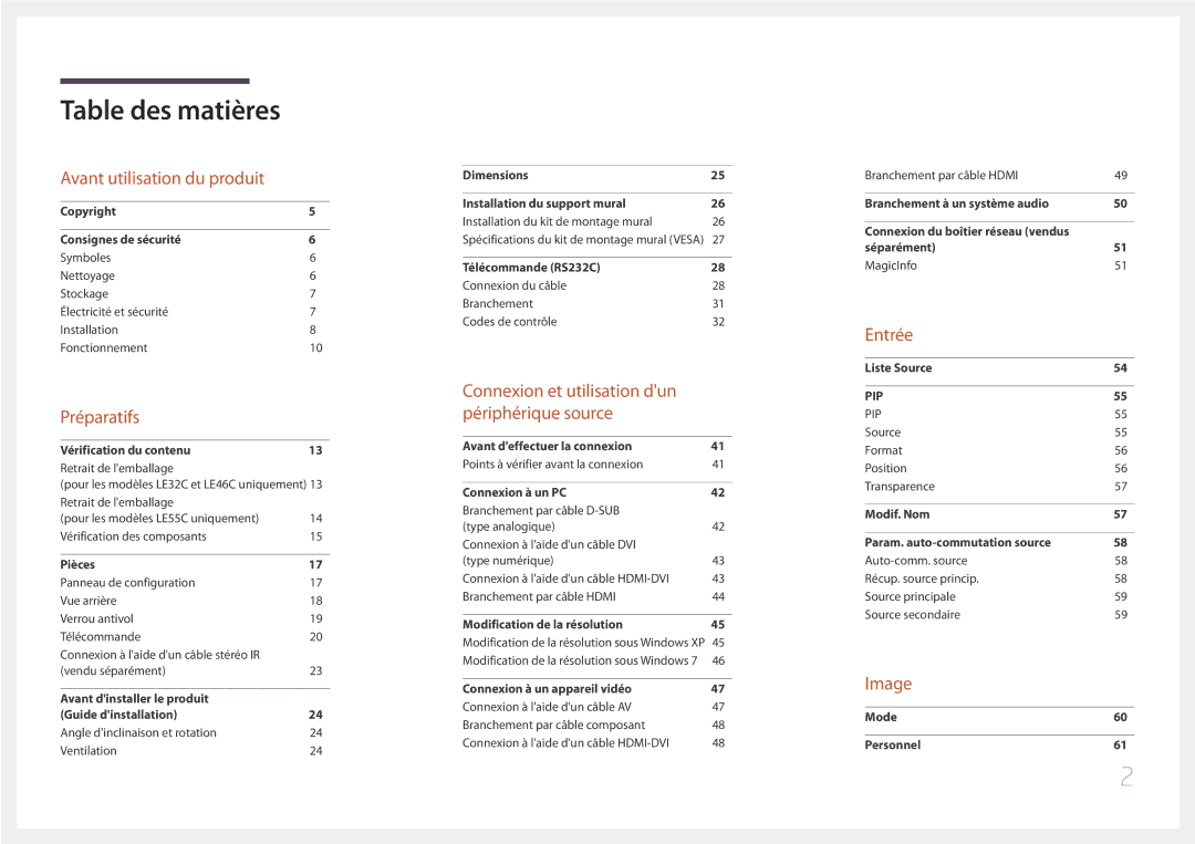 Samsung LH46LECPLBC/EN, LH32LECPLBC/EN, LH55LECPLBC/EN manual Table des matières 