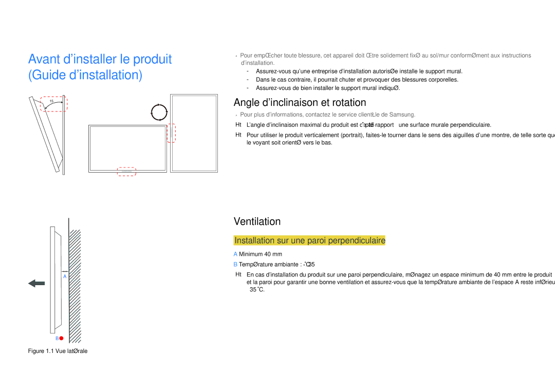 Samsung LH32LECPLBC/EN manual Angle dinclinaison et rotation, Ventilation, Installation sur une paroi perpendiculaire 