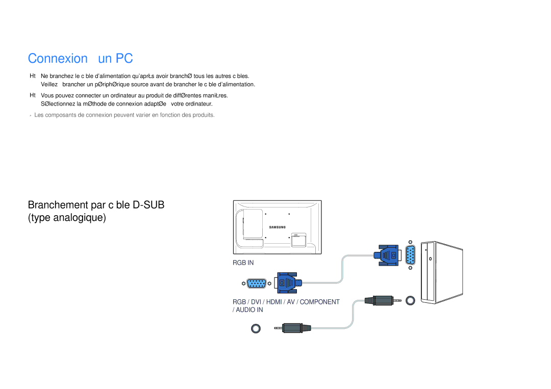 Samsung LH32LECPLBC/EN, LH55LECPLBC/EN, LH46LECPLBC/EN manual Connexion à un PC, Branchement par câble D-SUB type analogique 