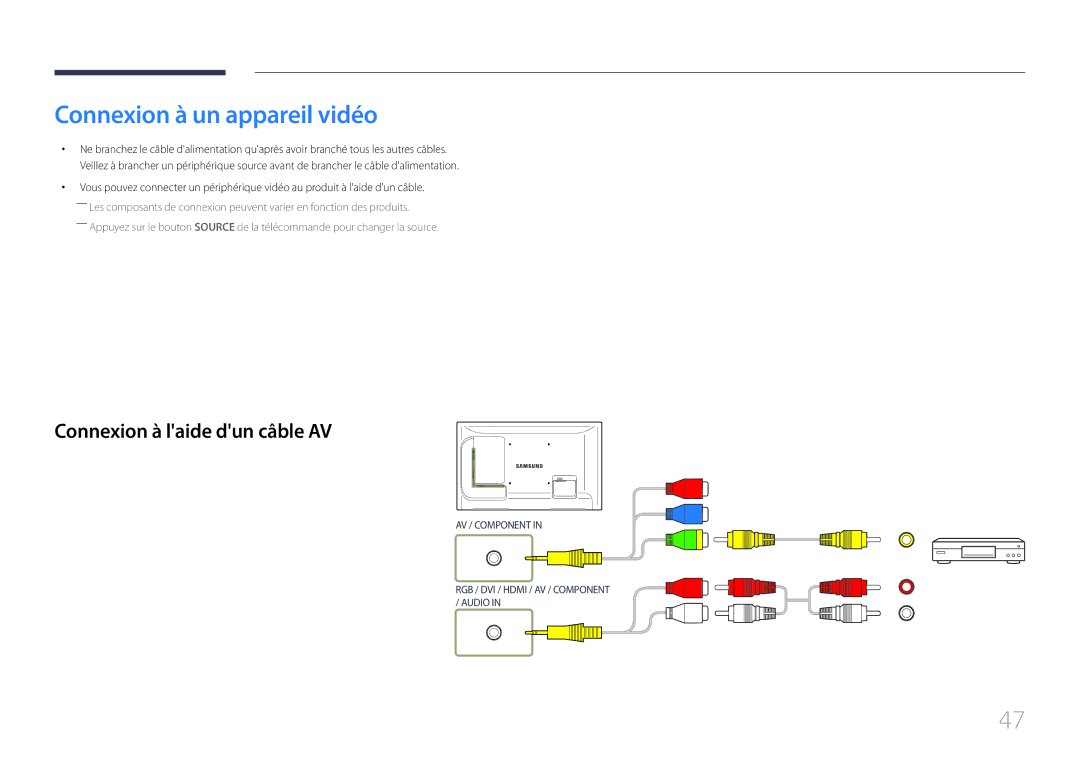 Samsung LH46LECPLBC/EN, LH32LECPLBC/EN, LH55LECPLBC/EN manual Connexion à un appareil vidéo, Connexion à laide dun câble AV 