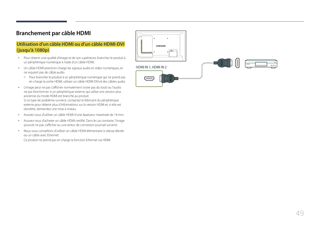 Samsung LH55LECPLBC/EN, LH32LECPLBC/EN, LH46LECPLBC/EN manual Branchement par câble Hdmi, Ne requiert pas de câble audio 