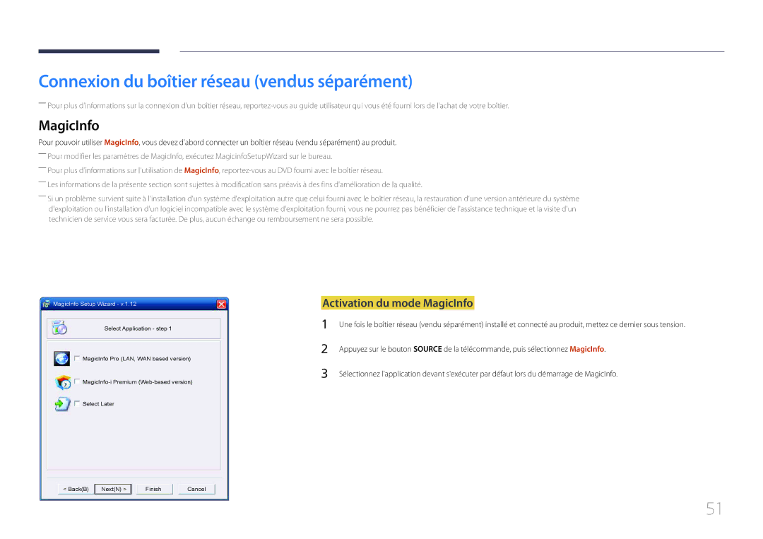 Samsung LH32LECPLBC/EN, LH55LECPLBC/EN Connexion du boîtier réseau vendus séparément, Activation du mode MagicInfo 