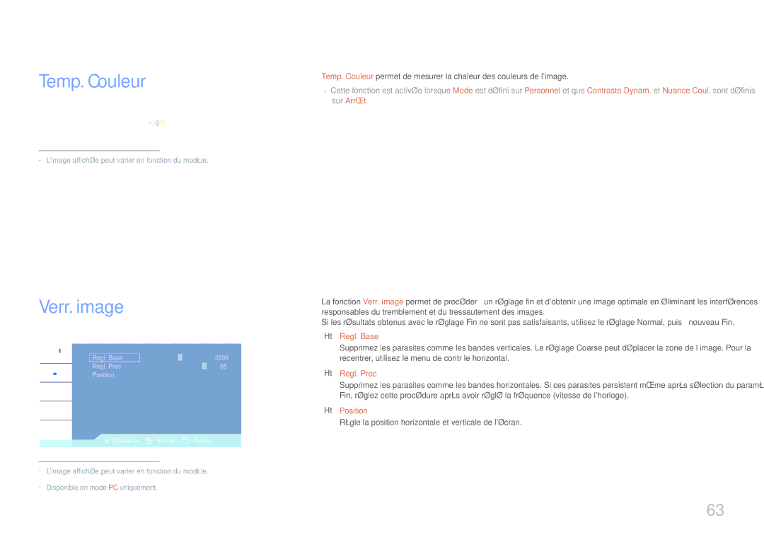 Samsung LH32LECPLBC/EN, LH55LECPLBC/EN, LH46LECPLBC/EN manual Temp. Couleur, Verr. image, Regl. Base, Regl. Prec, Position 