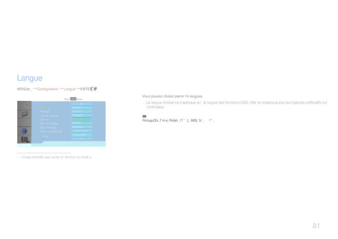 Samsung LH32LECPLBC/EN, LH55LECPLBC/EN manual Menu m Configuration Langue Enter, Vous pouvez choisir parmi 14 langues 