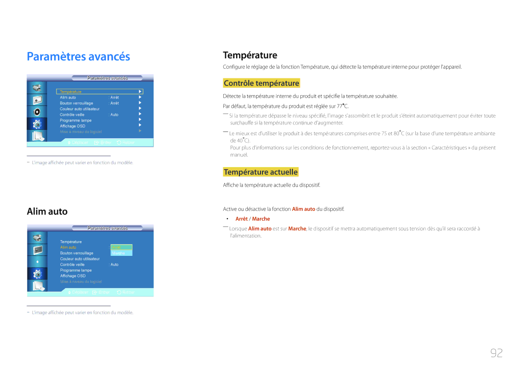 Samsung LH46LECPLBC/EN, LH32LECPLBC/EN manual Paramètres avancés, Alim auto, Contrôle température, Température actuelle 