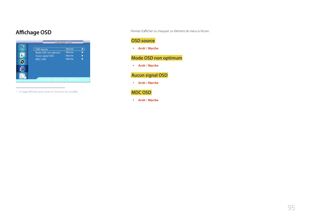 Samsung LH46LECPLBC/EN, LH32LECPLBC/EN, LH55LECPLBC/EN Affichage OSD, OSD source, Mode OSD non optimum, Aucun signal OSD 