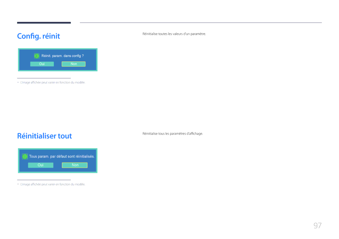Samsung LH55LECPLBC/EN, LH32LECPLBC/EN Config. réinit, Réinitialiser tout, Réinitialise tous les paramètres daffichage 