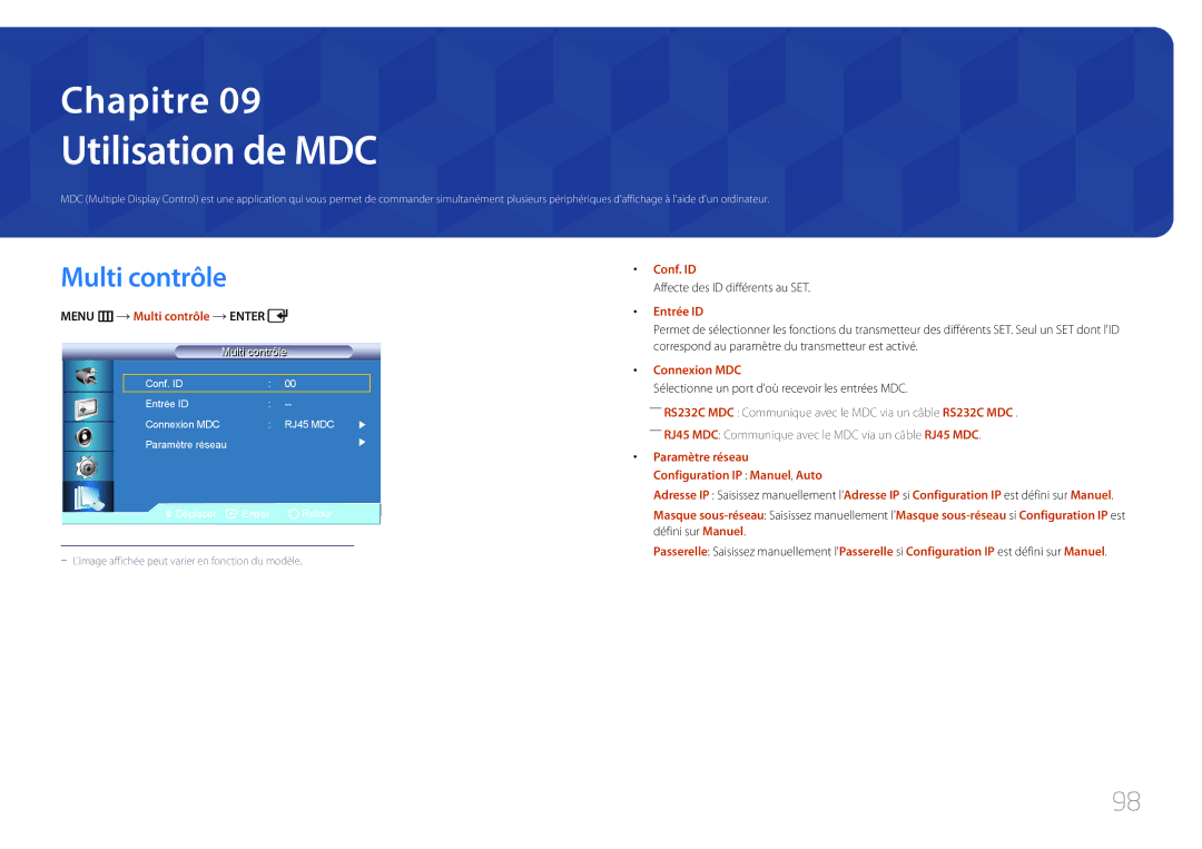 Samsung LH46LECPLBC/EN, LH32LECPLBC/EN, LH55LECPLBC/EN Menu m Multi contrôle Enter, Conf. ID, Entrée ID, Connexion MDC 