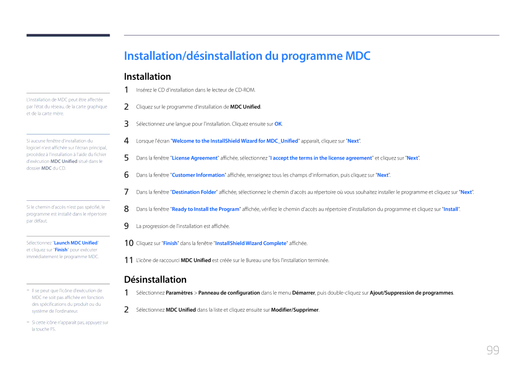 Samsung LH32LECPLBC/EN, LH55LECPLBC/EN, LH46LECPLBC/EN manual Installation/désinstallation du programme MDC, Désinstallation 
