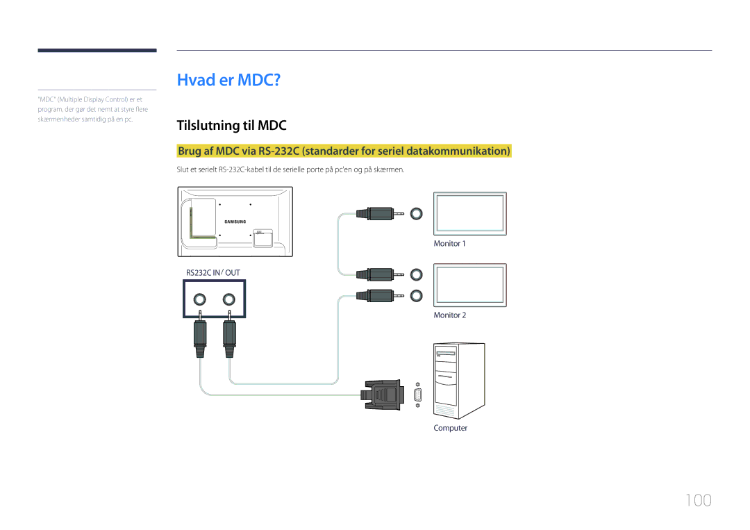 Samsung LH55LECPLBC/EN, LH32LECPLBC/EN, LH46LECPLBC/EN manual Hvad er MDC?, 100, Tilslutning til MDC 