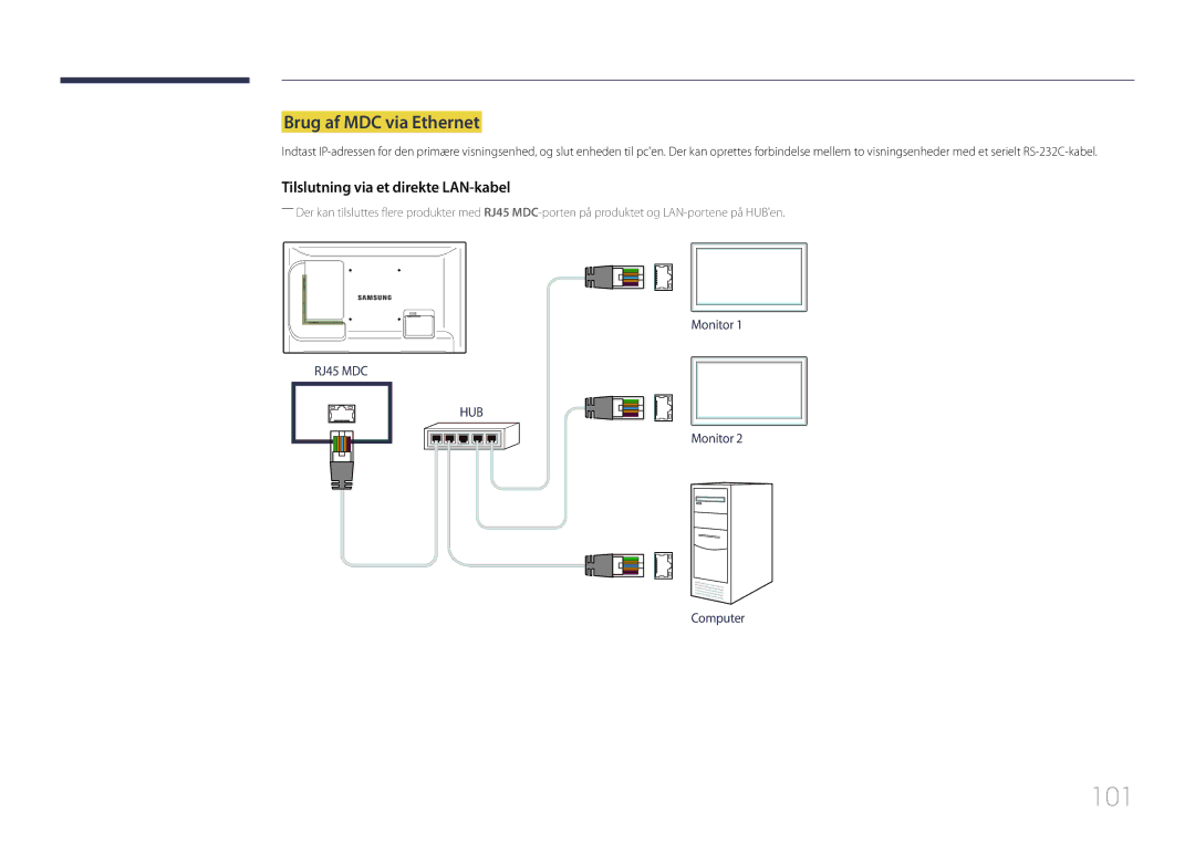 Samsung LH46LECPLBC/EN, LH32LECPLBC/EN, LH55LECPLBC/EN manual 101, Brug af MDC via Ethernet 