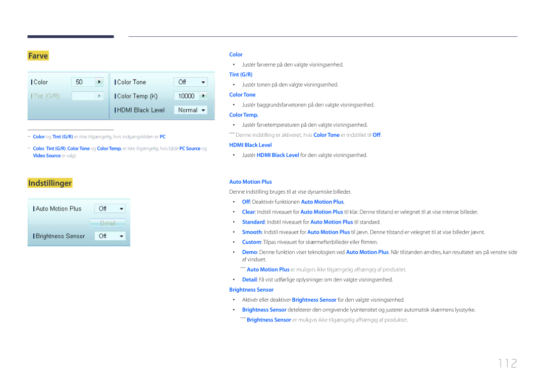 Samsung LH55LECPLBC/EN, LH32LECPLBC/EN, LH46LECPLBC/EN manual 112, Farve, Indstillinger 