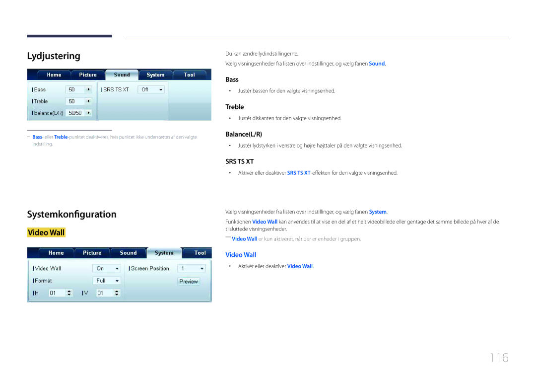 Samsung LH46LECPLBC/EN, LH32LECPLBC/EN, LH55LECPLBC/EN manual 116, Lydjustering, Systemkonfiguration 