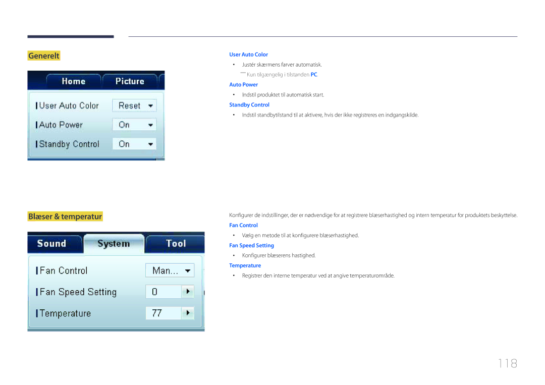 Samsung LH55LECPLBC/EN, LH32LECPLBC/EN manual 118, Generelt Blæser & temperatur, Indstil produktet til automatisk start 