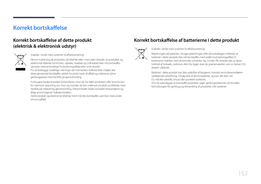 Samsung LH55LECPLBC/EN, LH32LECPLBC/EN, LH46LECPLBC/EN manual 157, Korrekt bortskaffelse af batterierne i dette produkt 