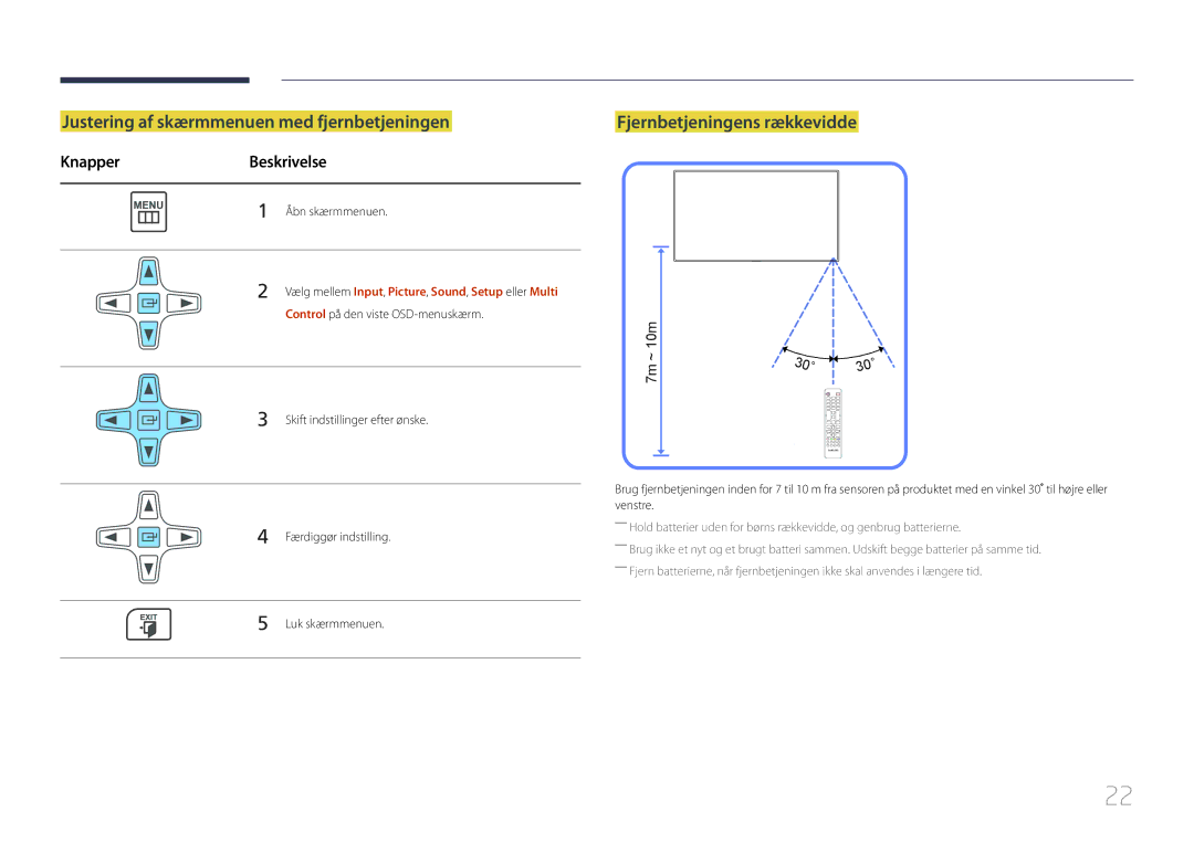 Samsung LH55LECPLBC/EN, LH32LECPLBC/EN manual Justering af skærmmenuen med fjernbetjeningen, Fjernbetjeningens rækkevidde 