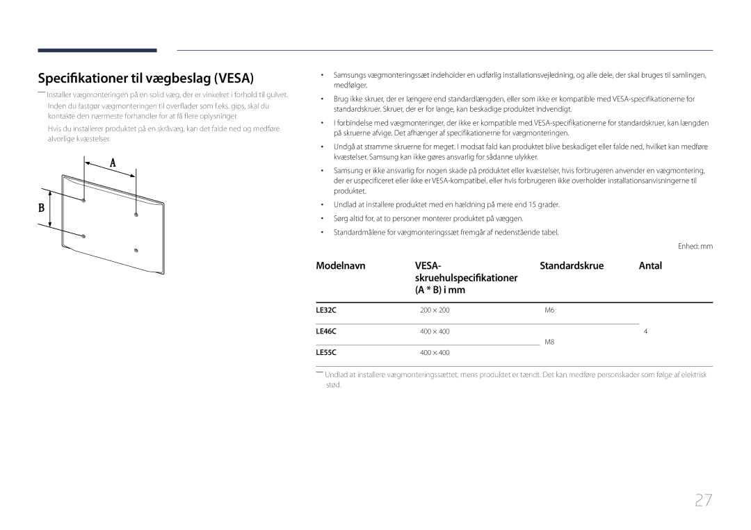 Samsung LH32LECPLBC/EN, LH55LECPLBC/EN Specifikationer til vægbeslag Vesa, Standardskrue, Skruehulspecifikationer I mm 