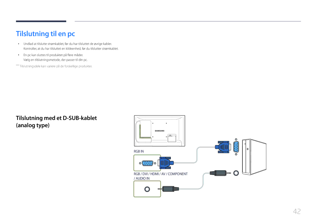 Samsung LH32LECPLBC/EN, LH55LECPLBC/EN, LH46LECPLBC/EN Tilslutning til en pc, Tilslutning med et D-SUB-kablet analog type 