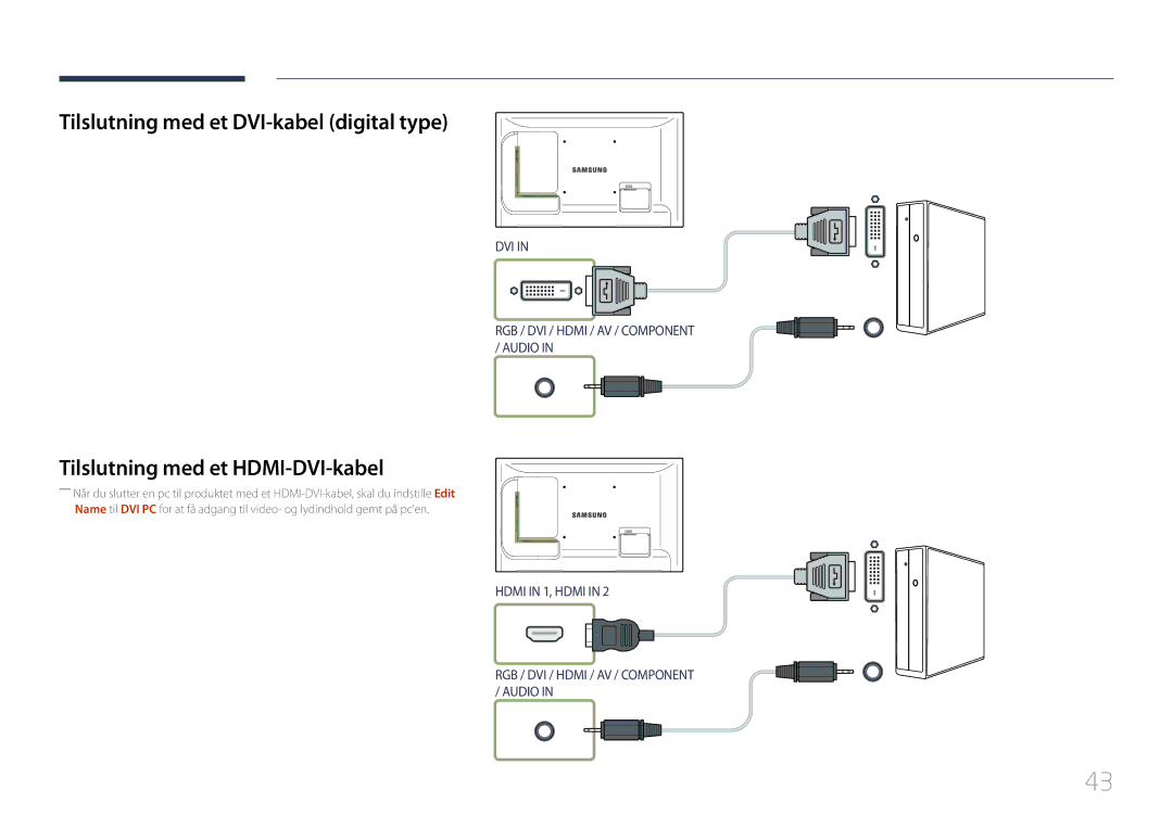 Samsung LH55LECPLBC/EN, LH32LECPLBC/EN manual Tilslutning med et DVI-kabel digital type, Tilslutning med et HDMI-DVI-kabel 