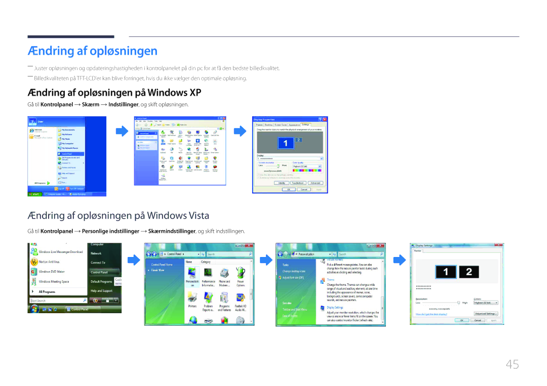 Samsung LH32LECPLBC/EN, LH55LECPLBC/EN, LH46LECPLBC/EN manual Ændring af opløsningen på Windows XP 