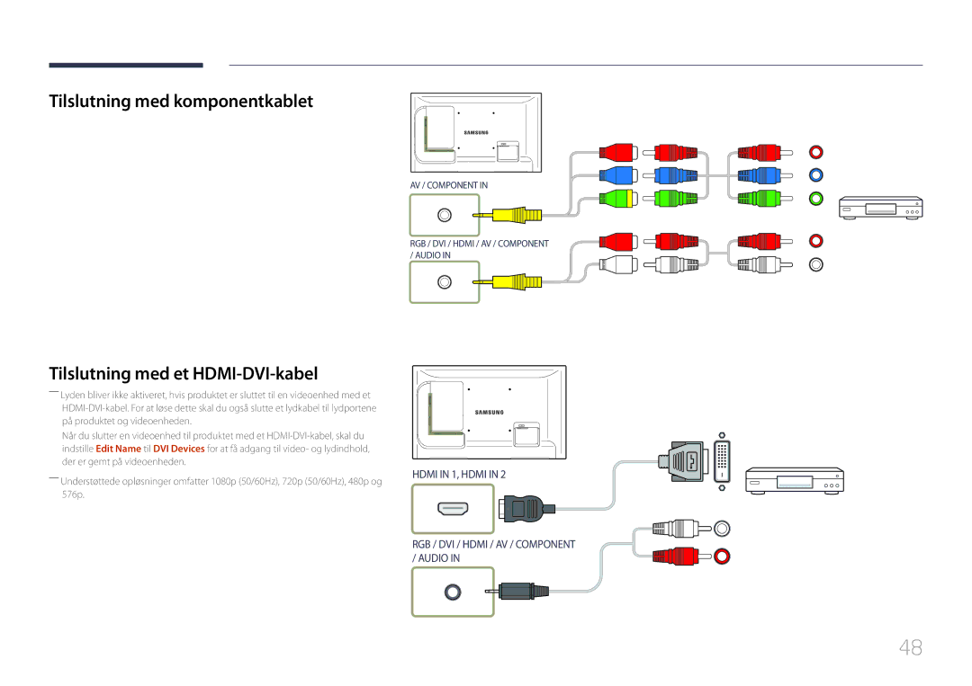 Samsung LH32LECPLBC/EN, LH55LECPLBC/EN, LH46LECPLBC/EN Tilslutning med komponentkablet, Tilslutning med et HDMI-DVI-kabel 