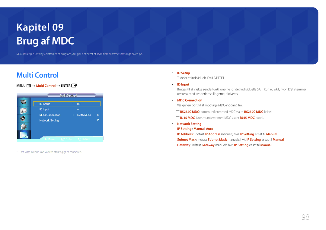 Samsung LH46LECPLBC/EN, LH32LECPLBC/EN, LH55LECPLBC/EN Menu m Multi Control Enter, ID Setup, ID Input, MDC Connection 