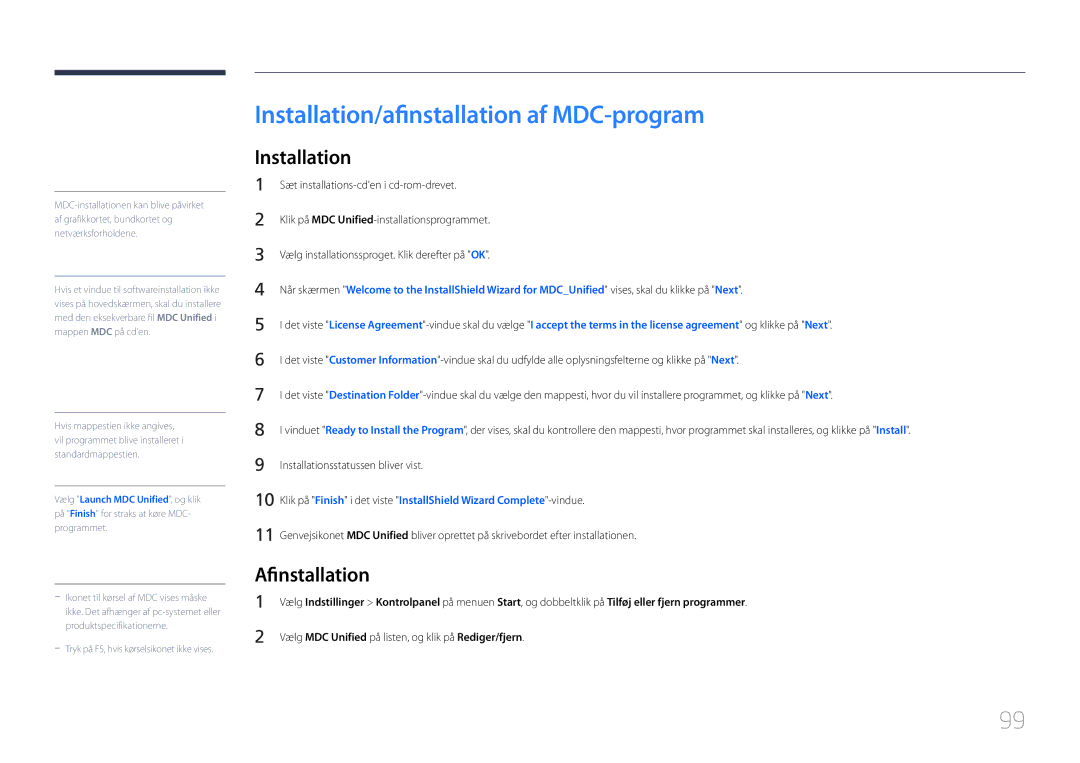 Samsung LH32LECPLBC/EN, LH55LECPLBC/EN, LH46LECPLBC/EN manual Installation/afinstallation af MDC-program, Afinstallation 