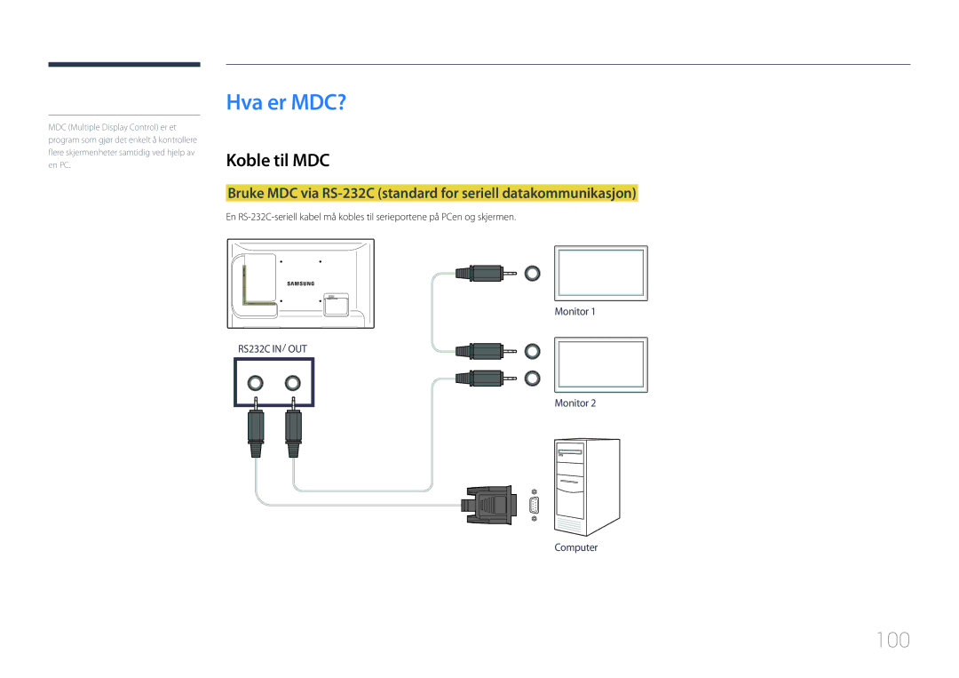 Samsung LH55LECPLBC/EN, LH32LECPLBC/EN, LH46LECPLBC/EN manual Hva er MDC?, 100, Koble til MDC 