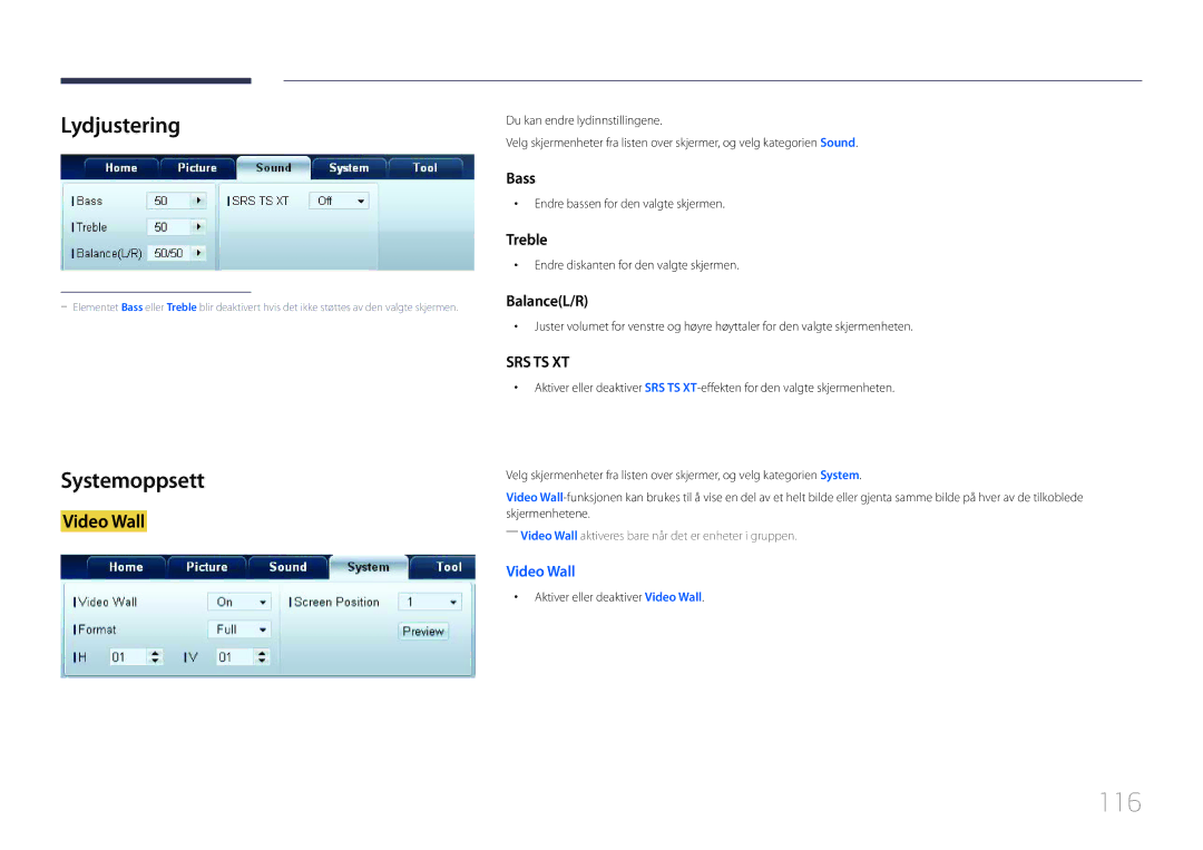 Samsung LH46LECPLBC/EN, LH32LECPLBC/EN, LH55LECPLBC/EN manual 116, Lydjustering, Systemoppsett 