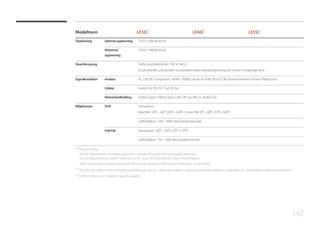 Samsung LH55LECPLBC/EN, LH32LECPLBC/EN, LH46LECPLBC/EN manual 142, Luftfuktighet 5% ~ 95%, ikke-kondenserende 