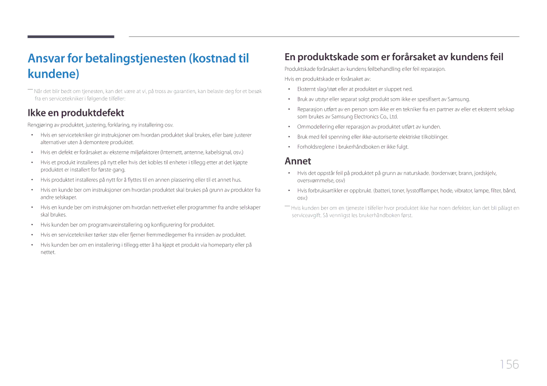 Samsung LH32LECPLBC/EN manual Ansvar for betalingstjenesten kostnad til kundene, 156, Ikke en produktdefekt, Annet 